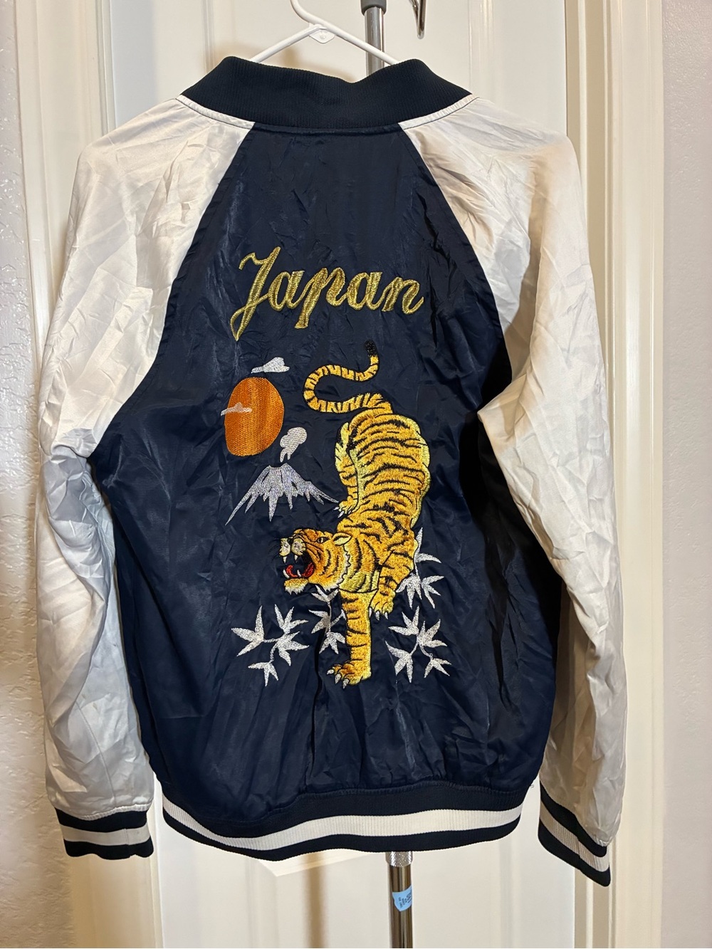 H&M Navy & White Embroidered Japan Tiger Satin Bomber Jacket